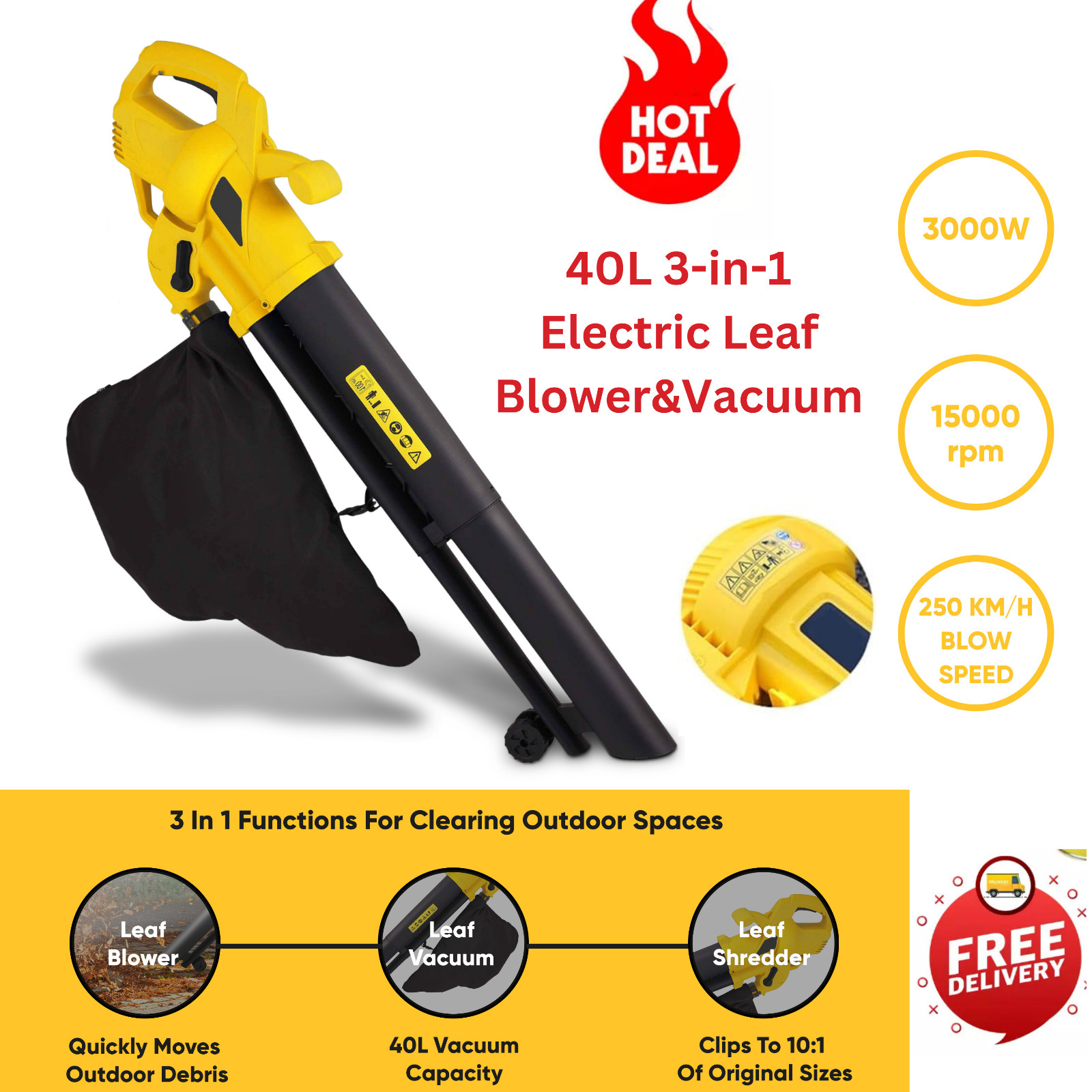 Leaf Blower Vacuum Garden Leaves Shredder Mulcher - 3-In-1 -  Lightweight Corded
