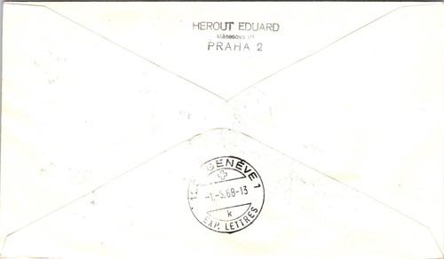 CZECH REPUBLIC 1968 REG CACHET FIRST FLIGHT COVER SPECIAL CANC PRAG ADDR GENEVE - Picture 2 of 2