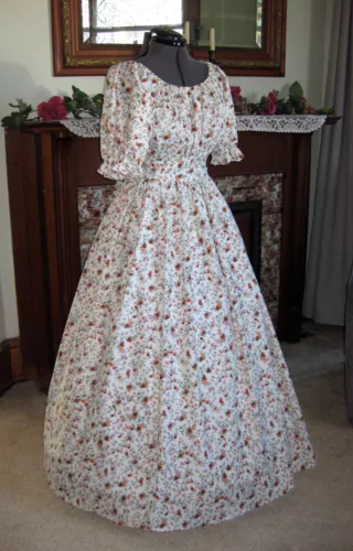 Civil War, Victorian, Trek, Western, Pioneer Dress Lovely Flowers Print on Ivory