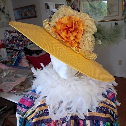 Vintage Yellow Kentucky Derby Hat Wide Brim Floral Feather Church Dress - Picture 7 of 7