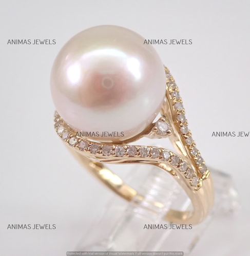 13mm Round Cut White Pearl Solitaire Engagement Ring Real 14K Yellow Gold Plated - Picture 4 of 8