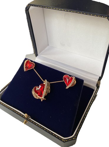 Rose gold finish Ruby heart and created diamond necklace & Earrings gift boxed - Picture 10 of 12