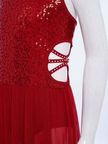 Girl Lyrical Dance Dress Modern Dancewear Sleeveless Sequins Bodice Waist Outfit - Picture 12 of 162