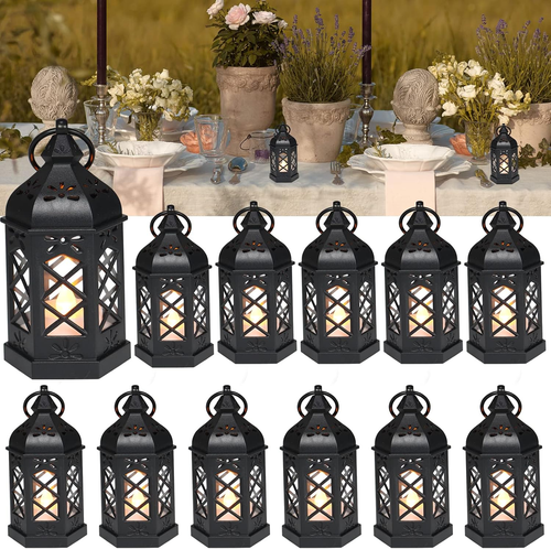 12Pcs Mini Lantern with Flickering LED Candle, Black Decorative Hanging Lanterns - Picture 10 of 12