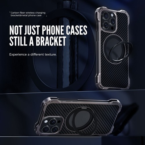 360° Rotation Carbon Fiber+Aluminium Stand Case Cover for iPhone 16 Pro Plus Max - Picture 6 of 16
