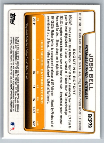2012 Bowman #BCP79 Josh Bell Chrome Prospects - Picture 2 of 2