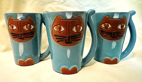Cute Lot of 3 Smiling Cat Blue Mugs Drip Glaze Clay Art Pottery Tail Handle 4in.