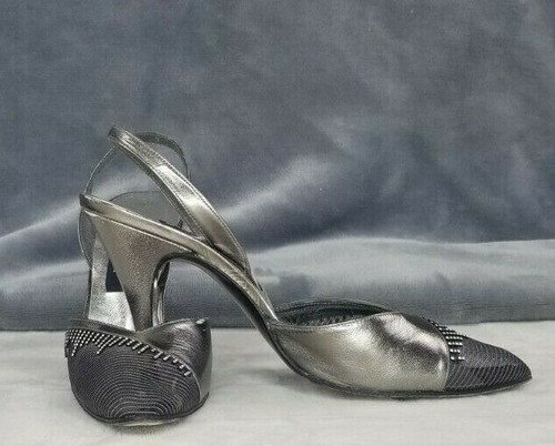 Stuart Weitzman for Mr. Seymour Vintage Leather Silver Mesh sling Back Size 7 AA - Picture 3 of 12