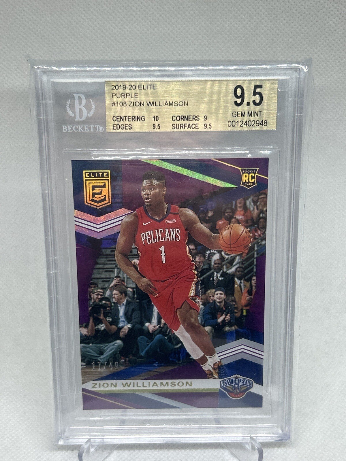 2019-20 Panini Donruss Elite Zion Williamson Purple Parallel /49 RC #108 BGS 9.5