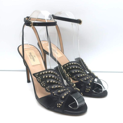 Valentino Studded Butterfly Sandals Black Leather Size 36.5 Ankle Strap Heels - Picture 1 of 10