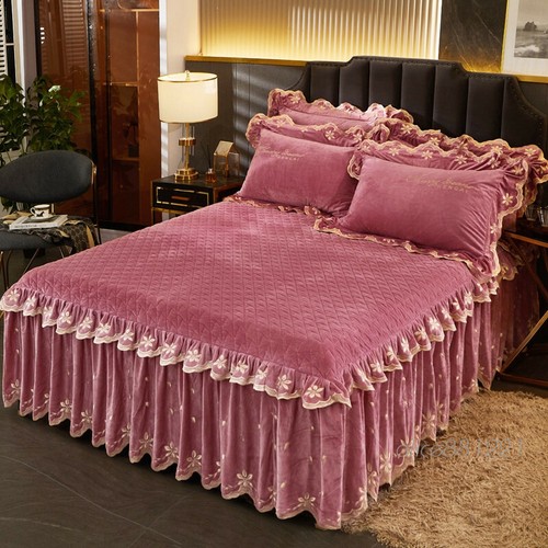 Luxury Quilted Velvet Bedspread King Size Emboridered Ruffle Bedskirt Soft Thick - Bild 6 von 91