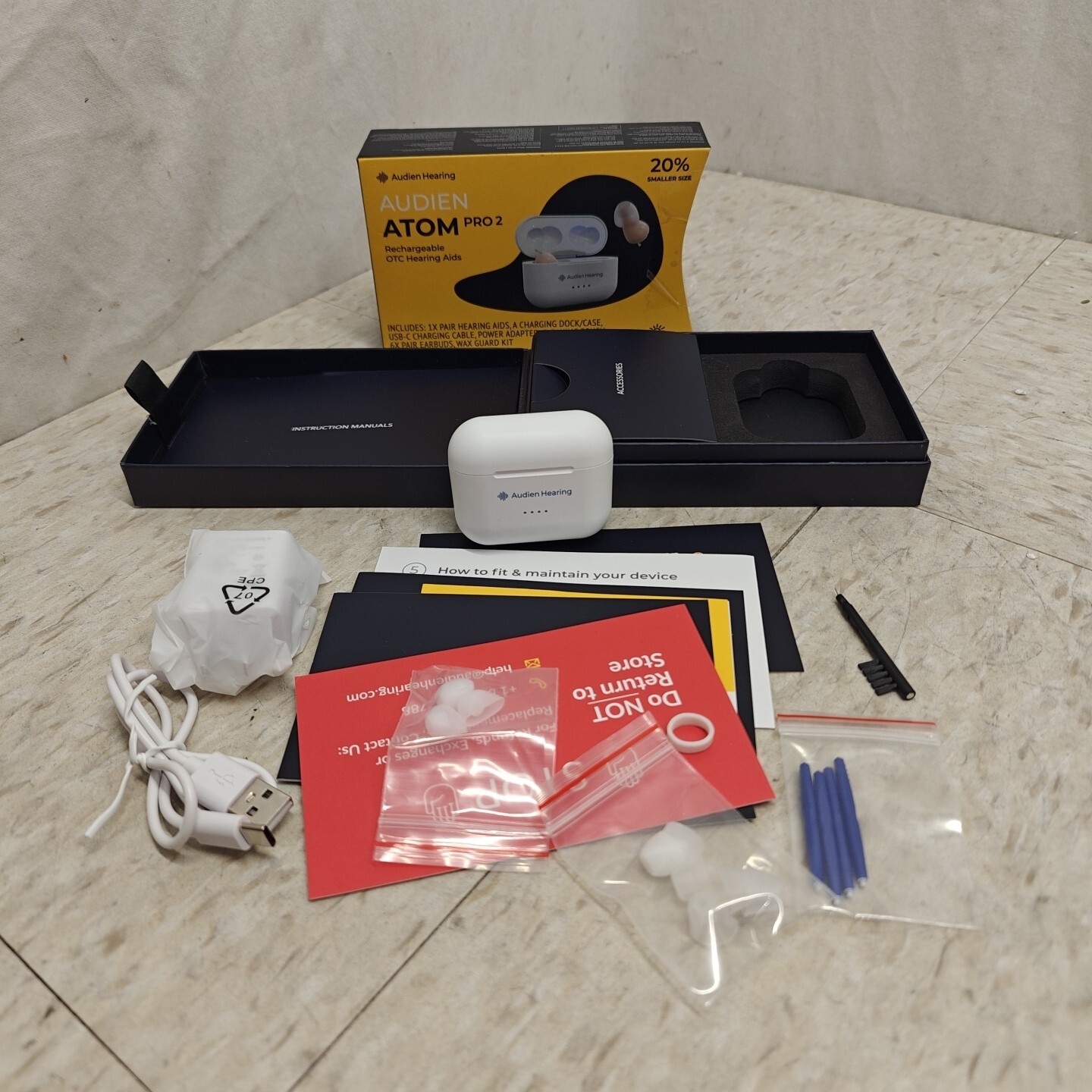 Audien ATOM PRO 2 Wireless Rechargeable OTC Hearing Aid 4 Modes UV Cleaning