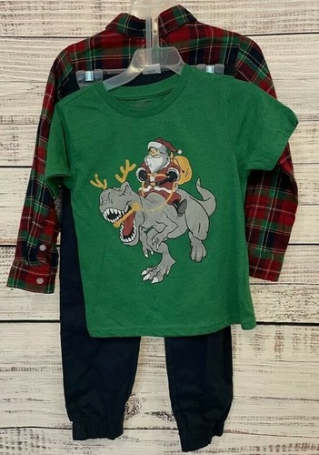 Boy’s NWT Alex & Jack Long Sleeved Flannel Dino Top & Pants 3pc Set Sz 4 - Picture 2 of 2