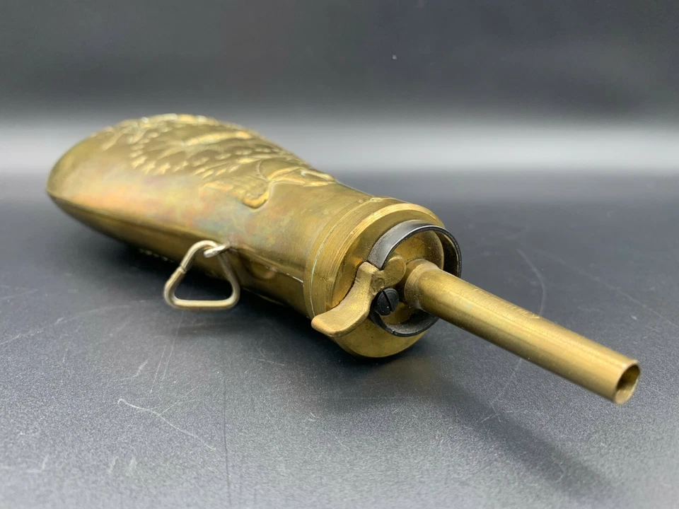 Antique Italian Replica Black Powder Flask Embossed Bronze Brass Hanging Hook - Image 2 of 4