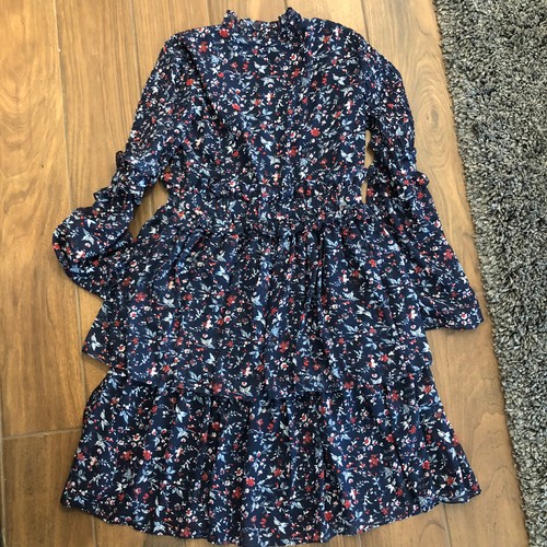 (size 6) Walter Baker Navy Floral Layered Jemma Dress V-Neck Flare Sleeve Ruffle - Picture 4 of 4