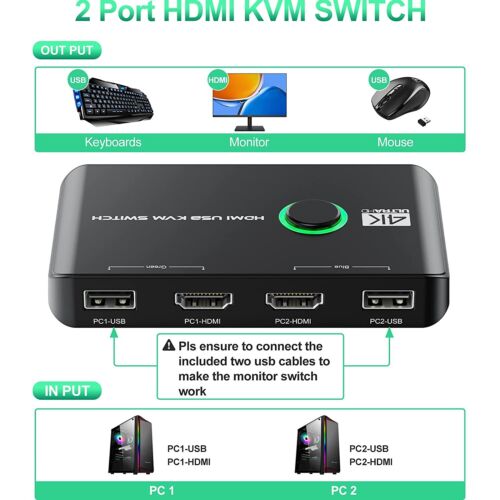 KVM Switch, 4K 60Hz HDMI KVM Switch 2PC 1 Monitor, 2 Port Box USB HDMI Switches - Bild 6 von 8