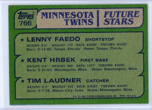 1982 Topps #766 Lenny Faedo RC/Kent Hrbek RC/Tim Laudner RC Minnesota Twins (A) - Picture 2 of 2