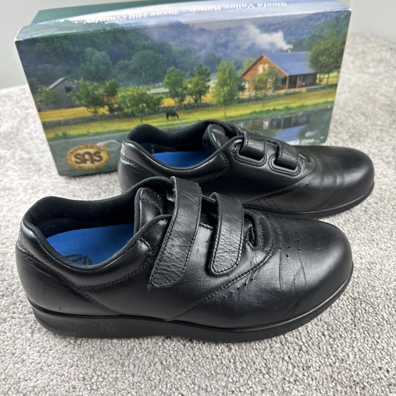 SAS Shoes Womens 6.5 Black Me Too Hook and Loop Strap Comfort Walking Shoe