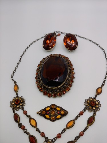Unsigned Brooches Bezel Victorian Style Necklace Earrings Vintage Jewelry Lot, 4 - Picture 9 of 11