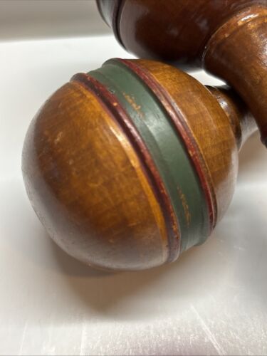 Turned Wood Dumbbells Pair 1/4 Pound Each Green Painted Stripes Red Trim 30s/40s - Picture 12 of 21