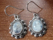 Moonstone Encircled with Silver Dot Accents 925 Sterling Silver Earrings p306b
