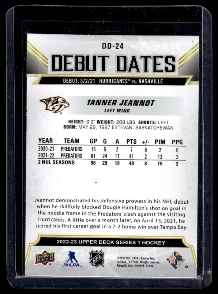 2022-23 Upper Deck Series 1 Debut Dates Tanner Jeannot Rookie #DD-24 Nashville - Image 2 of 2