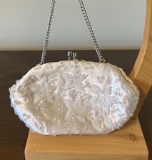 VTG Ivory Satin Clutch Purse Beaded Sequin Evening Bag Silver Chain Hong Kong