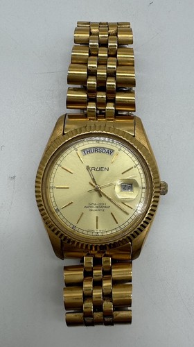 Orologio Uomo Gruen 36mm Golden President Nuova Batteria Cinturino Acciaio Tono Oro - Foto 3 di 9