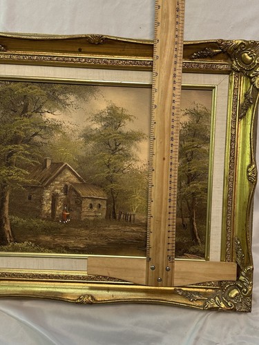 Early 20th Century Oil - Cottage By A Woodland Pond Gold Gilded Frame 17x21 - Imagen 9 de 10