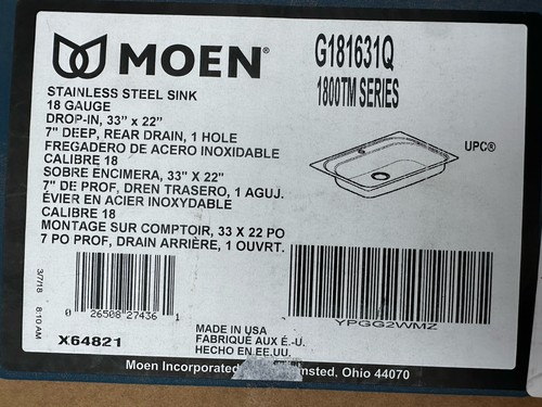Moen 1800 series 18 Gauge Stainless Steel 33x22" Drop-In Sink - G181631Q NEW!!! - Picture 2 of 3