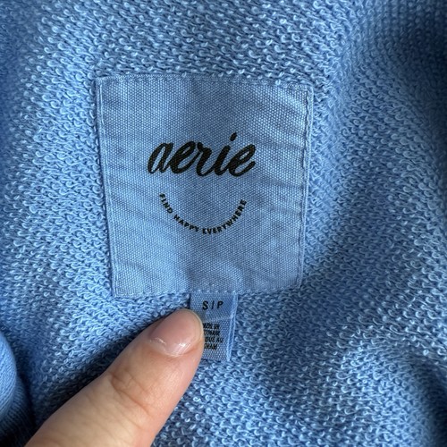 Felpa con cappuccio pullover collo bottoni Henley blu oversize Aerie donna S Terry - Foto 5 di 8