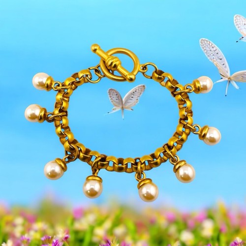"Brazalete colgante vintage clásico grande imitación perlas tono dorado cierre de palanca de 8""" - Imagen 10 de 10