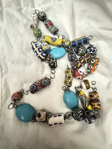 Vintage Bernstein & afrikanischer Handel Perlen Halskette handbemalt Tribal Native Boho - Bild 1 von 4