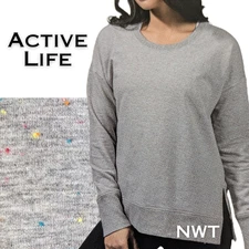 NEW Active Life Scoop Neck Gray Flecked Confetti Long Sleeve Sweatshirt Medium 