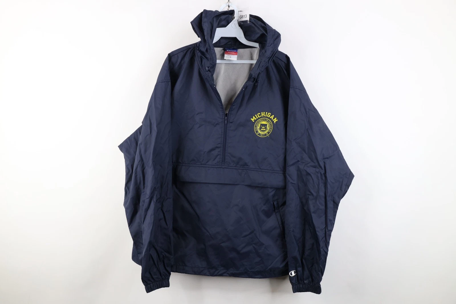 Vtg Champion Mens Large University of Michigan Hooded Anorak Windbreaker Jacket