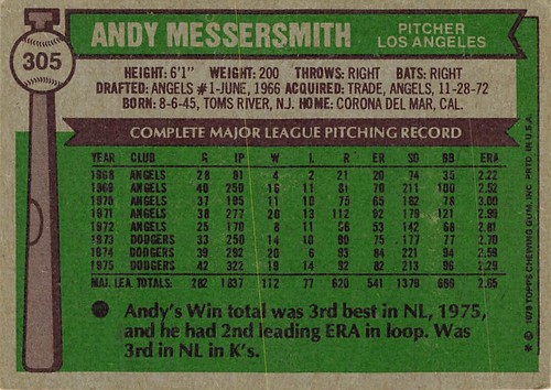 1976 Topps #305 Andy Messersmith - Picture 2 of 2