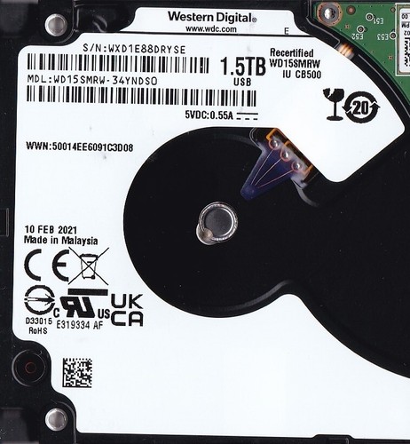 WD WD15SMRW-34YNDS0 sn: WXD1E8 FEB / 2021 Thailand 1.5TB USB 3.0 2.5" HDD B21-04 - Picture 3 of 5