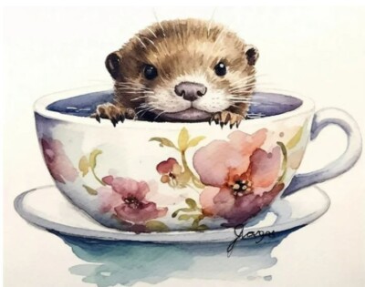 Cute Otter in a teacup Watercolor Painting Art Print 8x11 inch