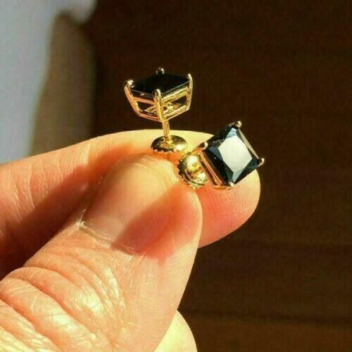 Natural 2Ct Princess Cut Black Onyx Stud Earrings Women's 14K Yellow Gold Finish - Bild 1 von 2
