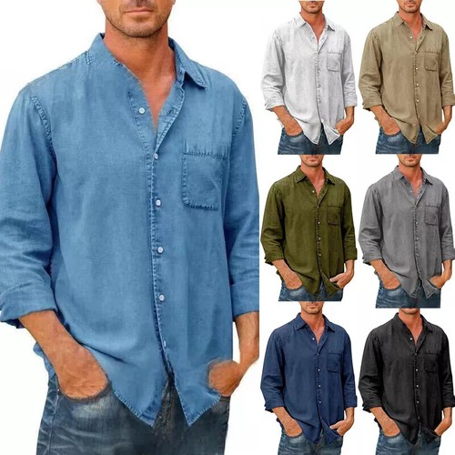 Herren Jeanshemd Knöpfe Jeans Hemden Herren Einreihig Party Langärmel ; - Picture 1 of 31