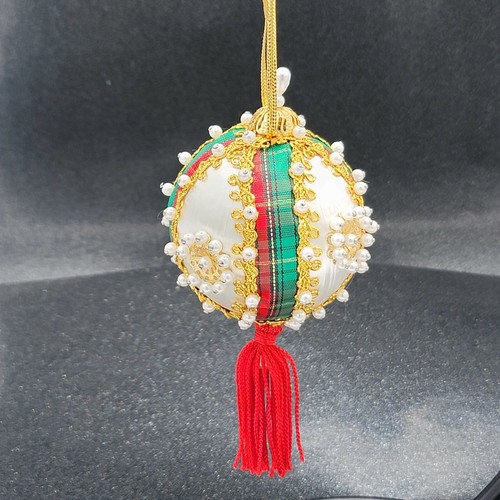 Vintage White Spun Satin Pearl Push Pin Christmas Ornament Velvet Ribbon Bead 4" - Picture 1 of 7