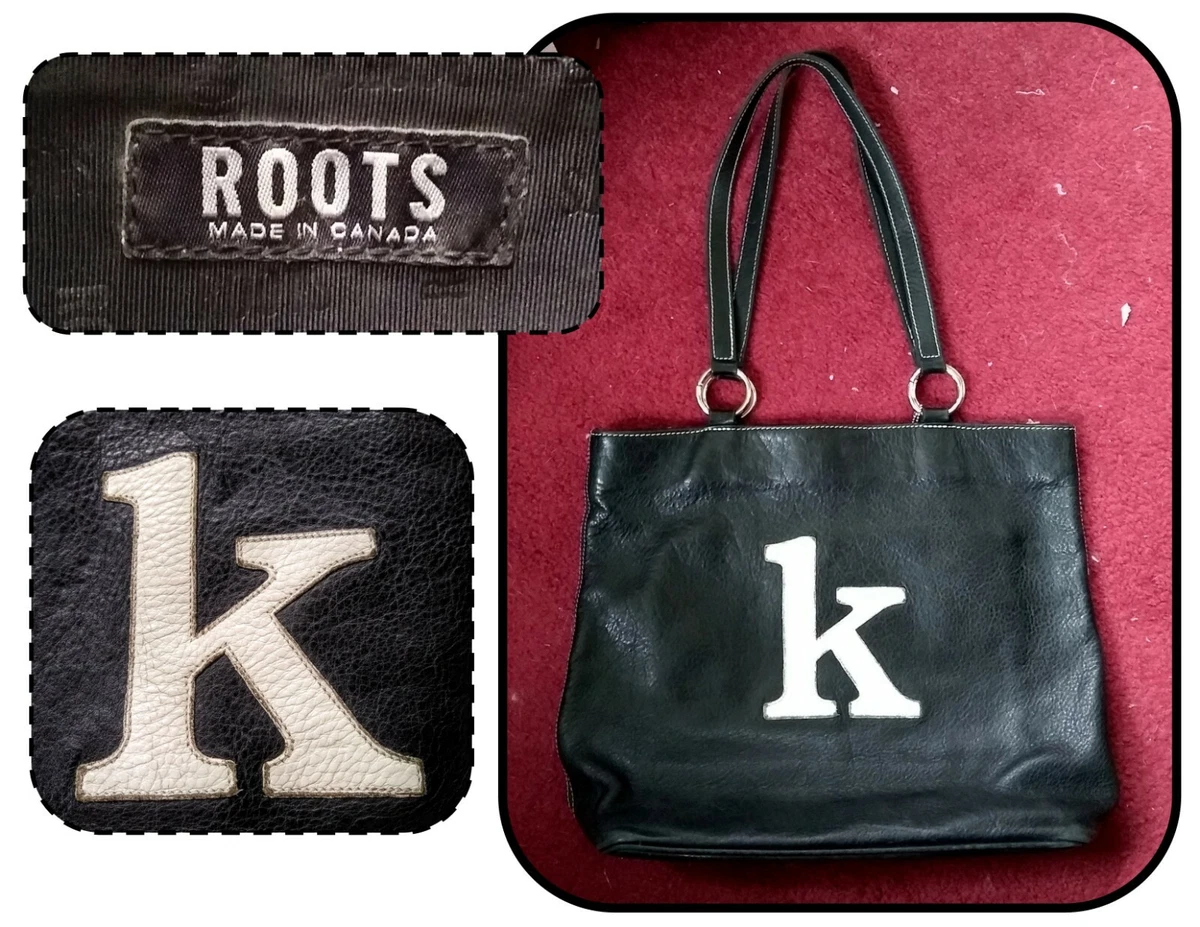 ROOTS Black Pebbled Leather Purse Handbag, White Initial K, Magnet Closure