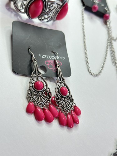 Jewelry Set Paparazzi Necklace Earrings Bracelet Ring Silver Pink Retro Western - Picture 21 of 22