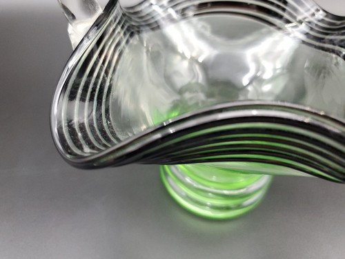 Green Glass Ruffle Basket W Fused Black Glass Stripes & Clear Applied Handle - Picture 10 of 12