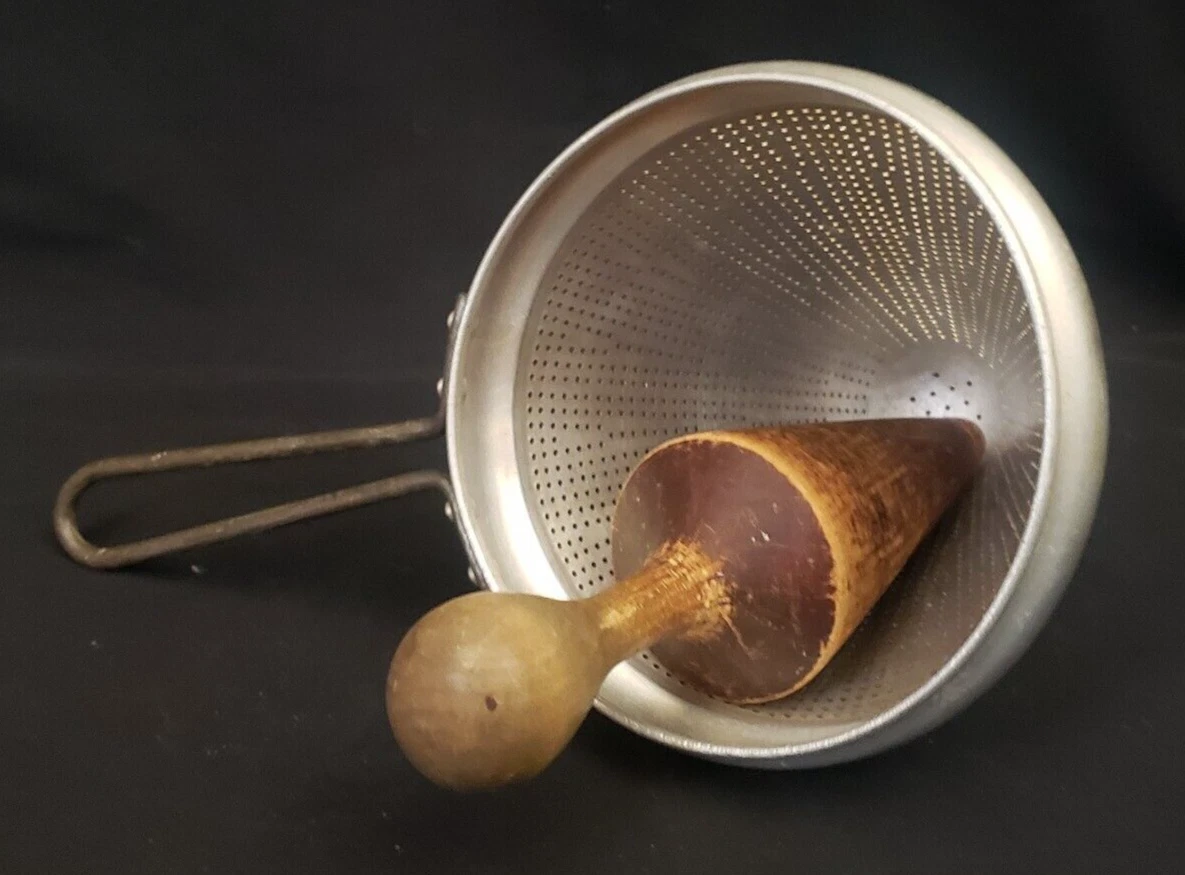 Vintage Tapered Wood Pestle and Viko Aluminum Fruit / Veg / Food Strainer