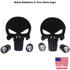 TWO 3D Metal Punisher Sticker Emblem with Matching Punisher Tire Cap Valves