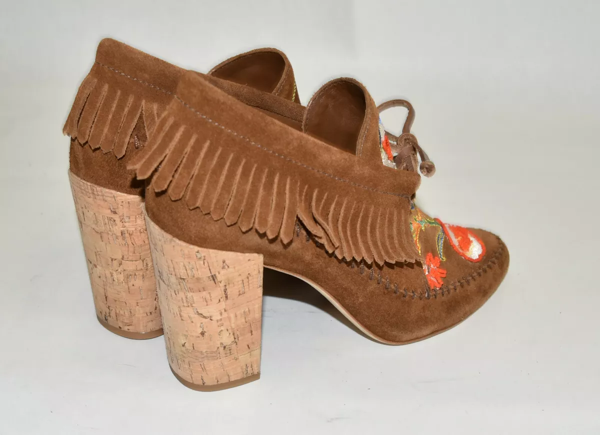 New Tory Burch Huntington Fringe Bootie Brown Suede Embroided 10 M