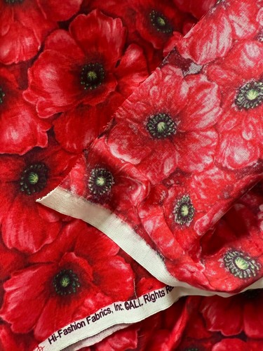 2 yds x 42” Cotton Red Poppies Hi-Fashion Fabric - Picture 4 of 5