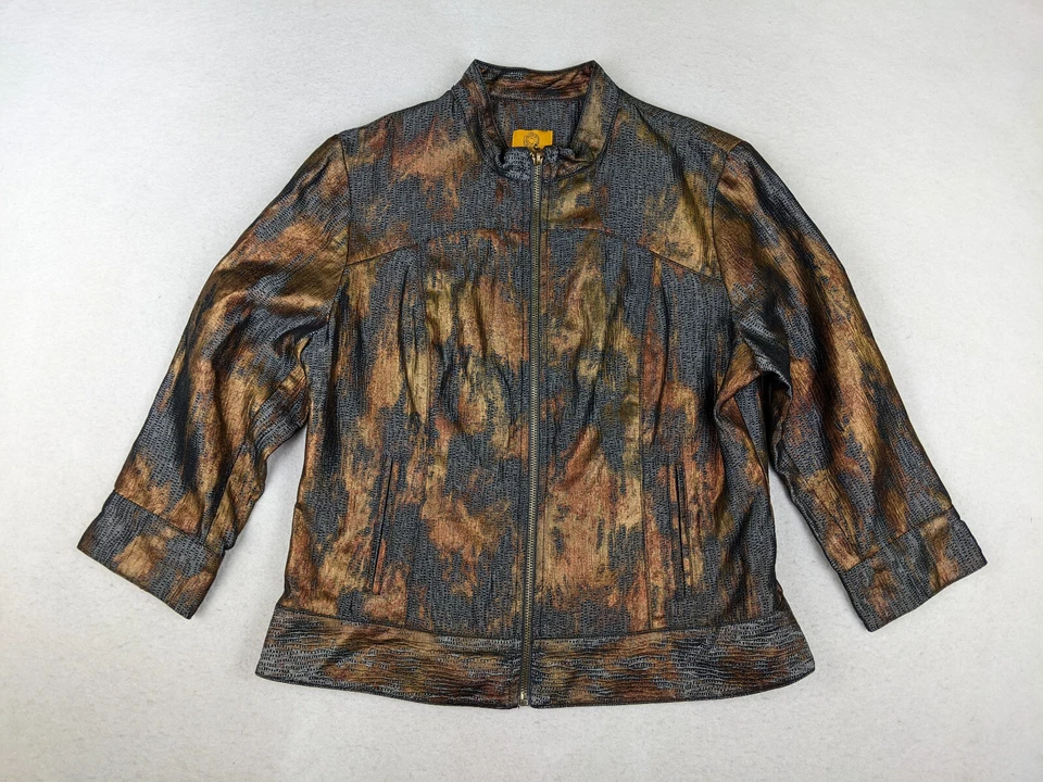 RUBY RD - WOMEN'S COPPER METALLIC PRINT 3/4 SLEEVE FULL ZIP JACKET - SIZE 10P - Image 2 of 4