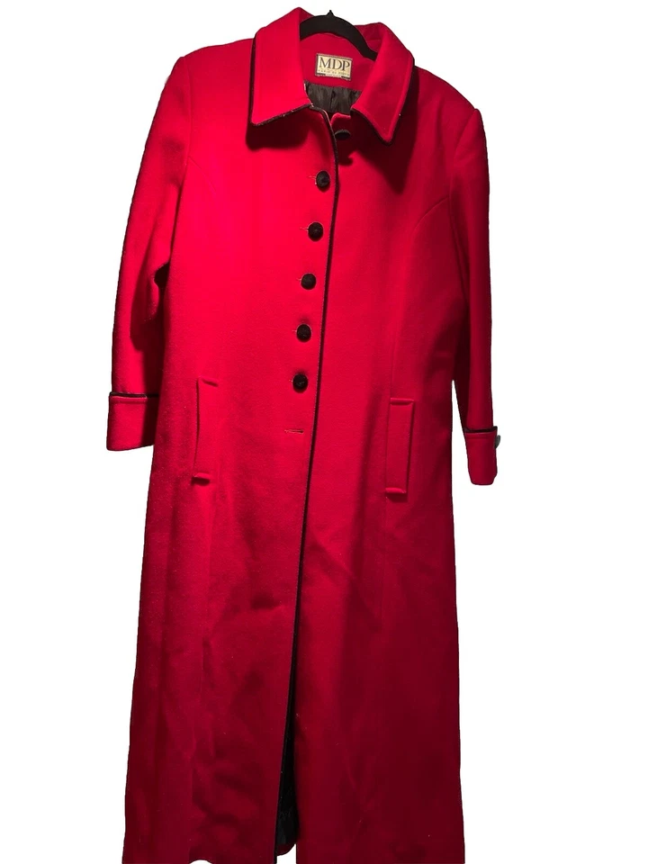 Vintage Mario De Pinto Red Wool Long Coat Velvet Trim Women’s Size 18 Missy